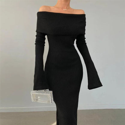 Off-shoulder Lapel Neck Long Sleeve Maxi Dress