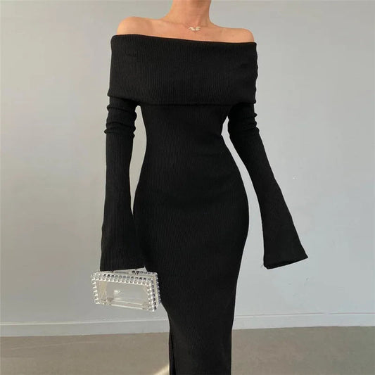 Off-shoulder Lapel Neck Long Sleeve Maxi Dress
