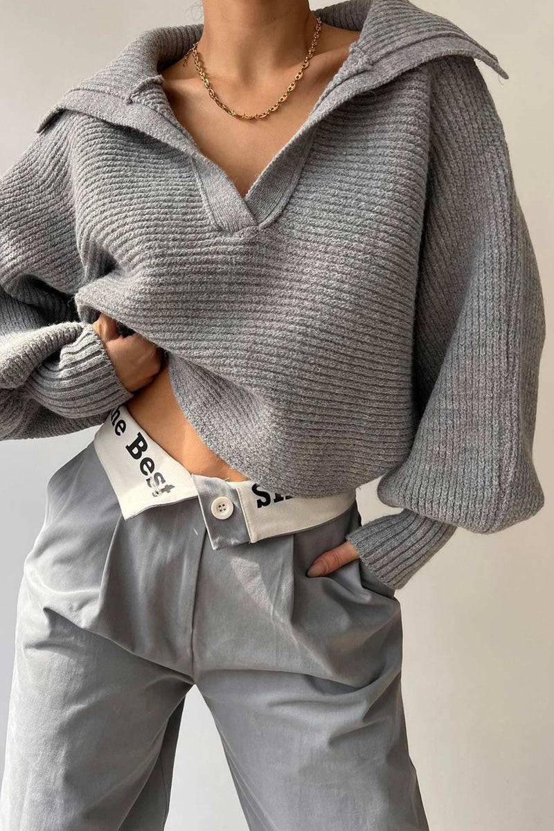 Lapel V Neck Puff Sleeve Sweater