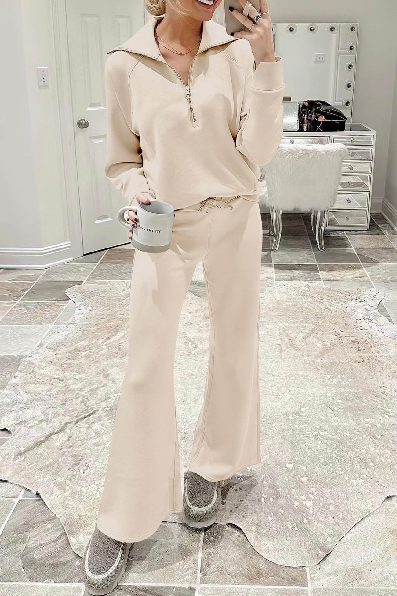 Lapel Zip-up Sweatshirt Wide Leg Long Pants Set