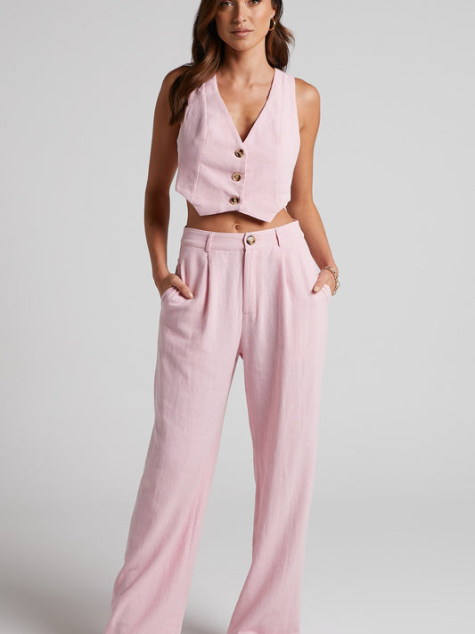 Crop Waist Vest Coat & Wide Leg Pants Coord Set