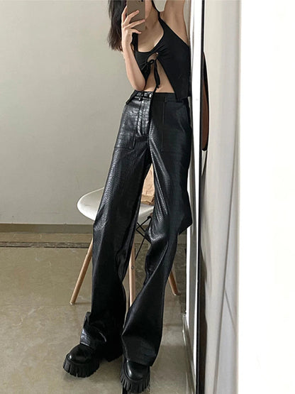 Autumn Black Crocodile Texture Leather Zipper High Waist Y2k Pants