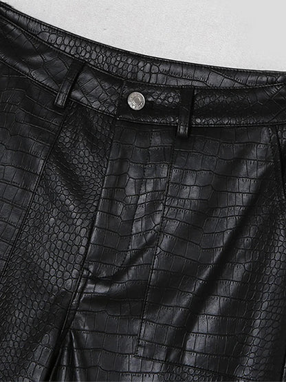 Autumn Black Crocodile Texture Leather Zipper High Waist Y2k Pants
