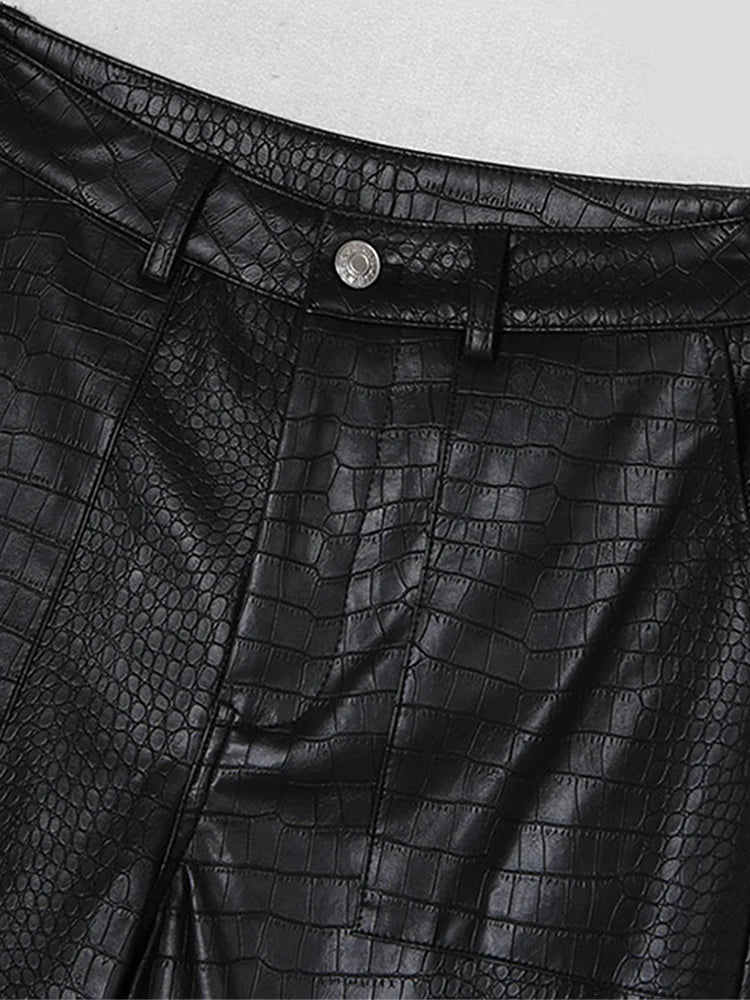 Autumn Black Crocodile Texture Leather Zipper High Waist Y2k Pants