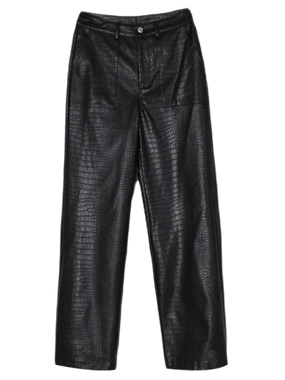 Autumn Black Crocodile Texture Leather Zipper High Waist Y2k Pants
