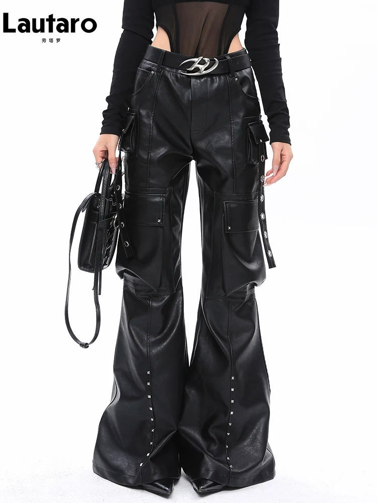 Lautaro Soft Black Baggy Pu Leather Cargo Pants for