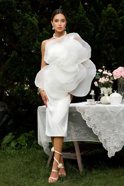 Linia Slant Shoulder 3d Midi Dress-white
