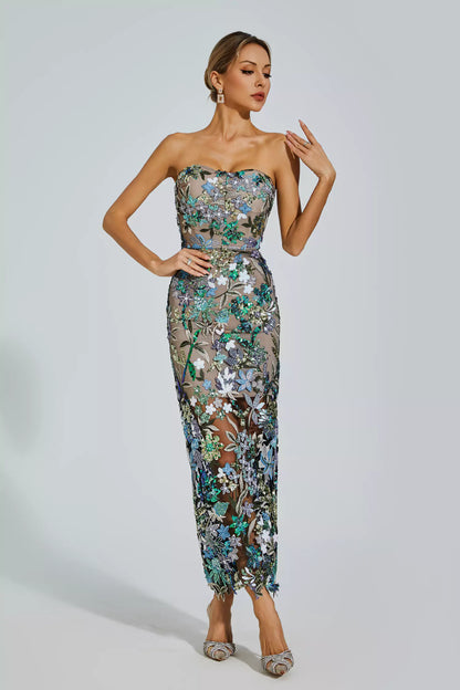 Leanna Blue Flower Embroidered Maxi Dress