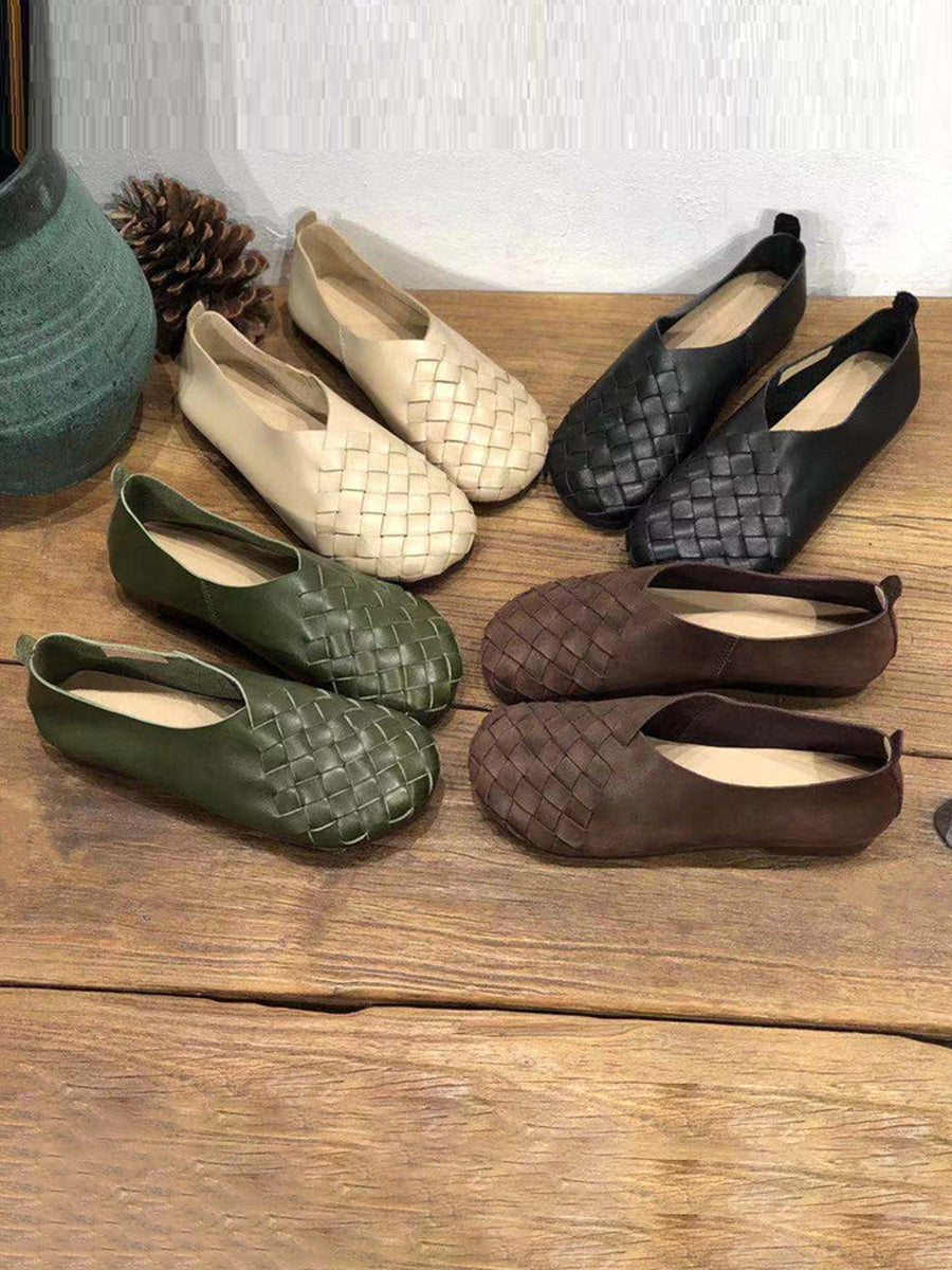 Leather Color Woven Round Toe Flat Shoes Hh026