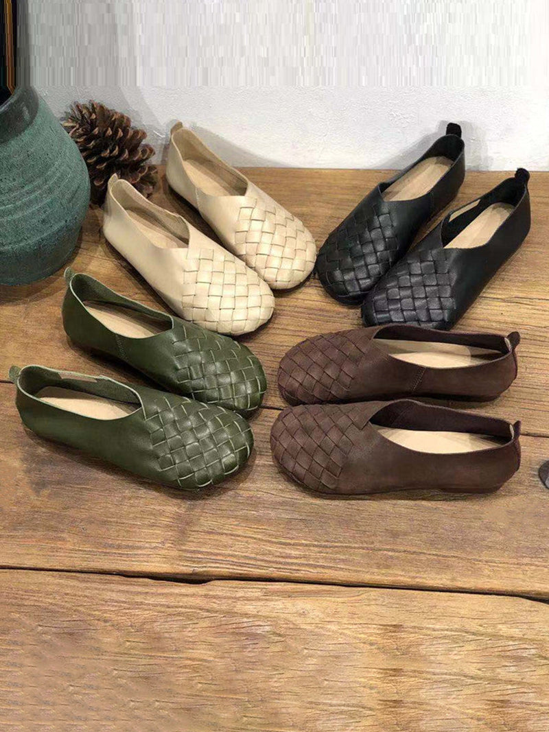 Leather Color Woven Round Toe Flat Shoes Hh026