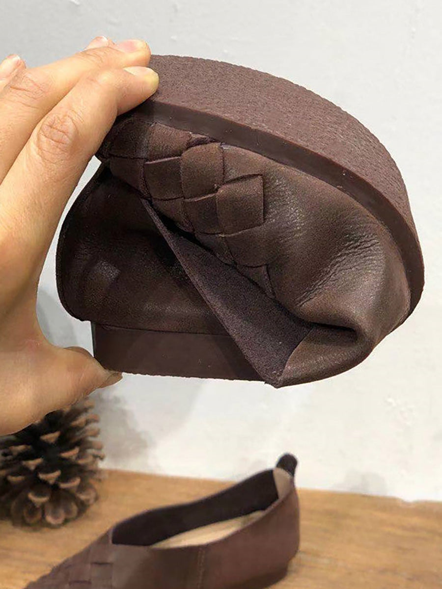 Leather Color Woven Round Toe Flat Shoes Hh026