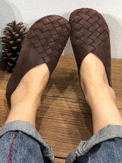 Leather Color Woven Round Toe Flat Shoes Hh026