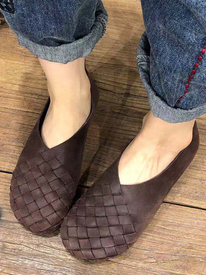 Leather Color Woven Round Toe Flat Shoes Hh026