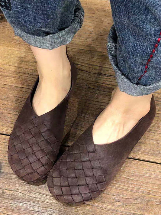 Leather Color Woven Round Toe Flat Shoes Hh026