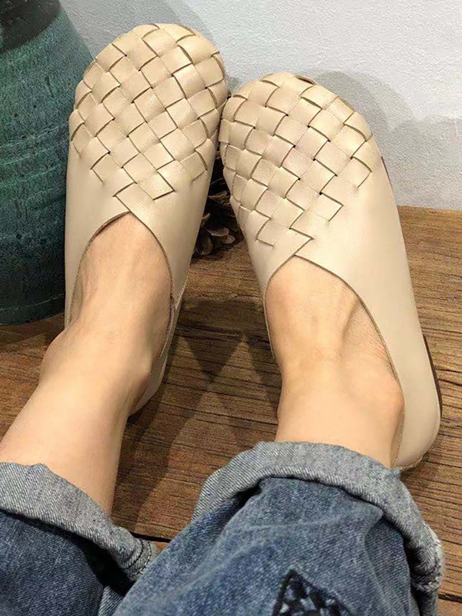 Leather Color Woven Round Toe Flat Shoes Hh026