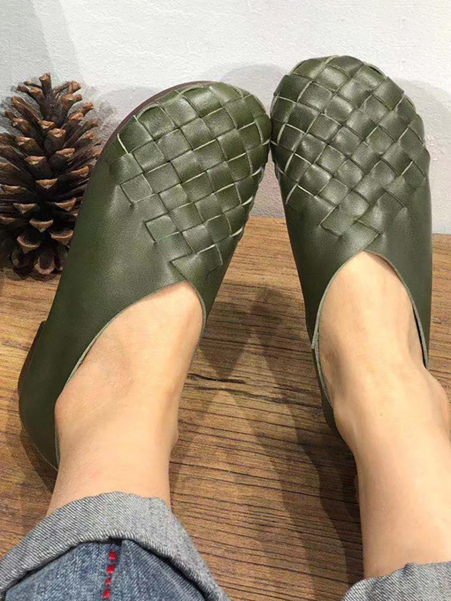 Leather Color Woven Round Toe Flat Shoes Hh026