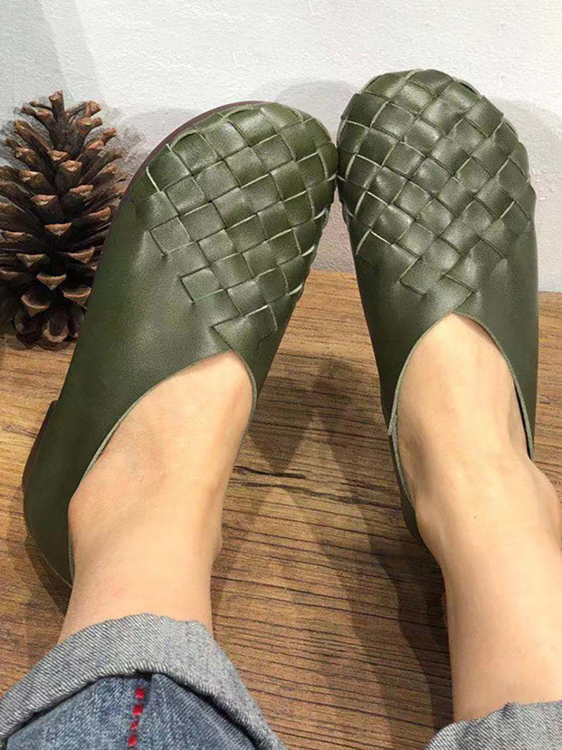 Leather Color Woven Round Toe Flat Shoes Hh026