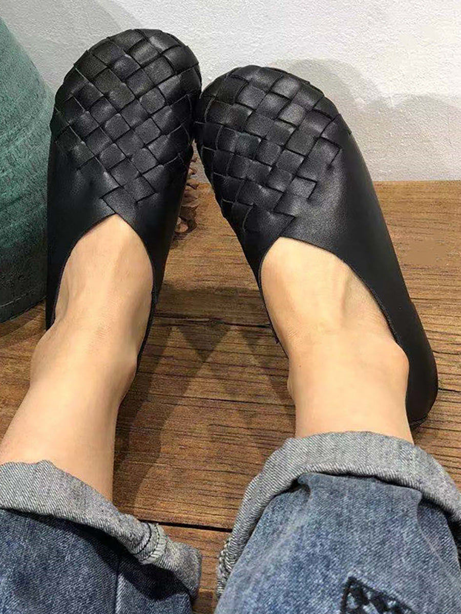 Leather Color Woven Round Toe Flat Shoes Hh026