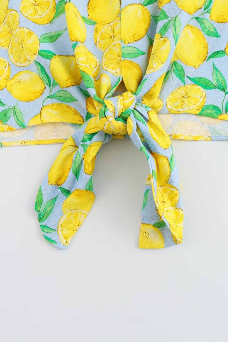 Lemon Print Tie Up Shorts Two Piece Set