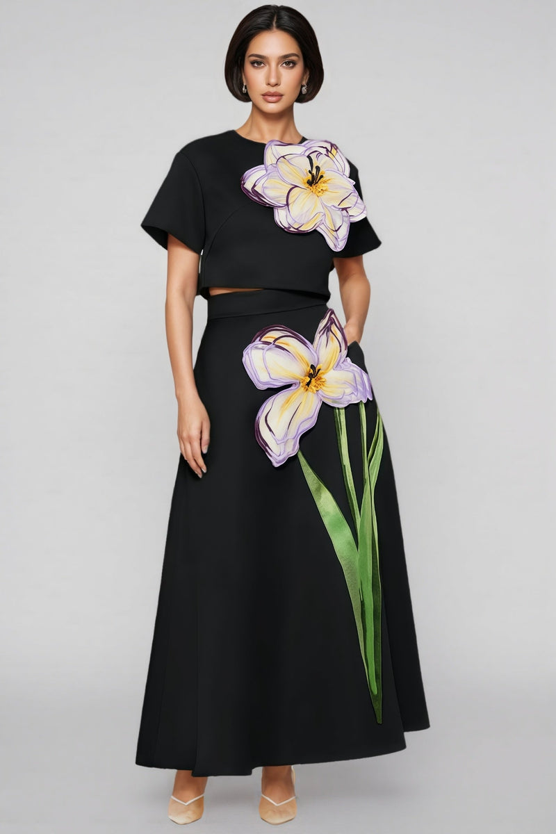 Ilany Black 3d Maxi Dress Set