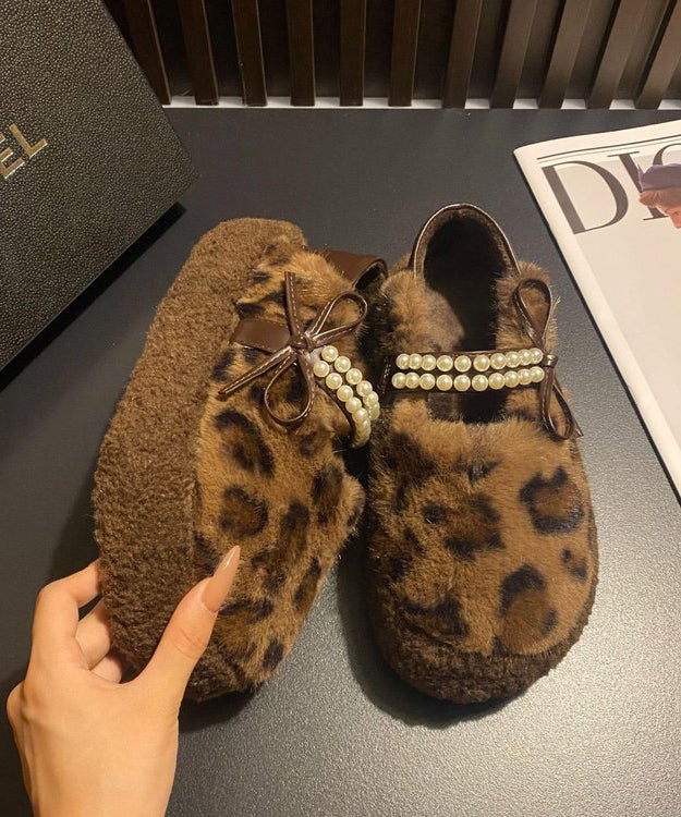 Leopard Faux Fur Stylish Splicing Nail Bead Flat Feet Shoes Tq059