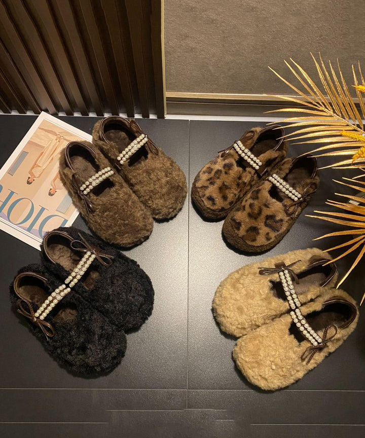 Leopard Faux Fur Stylish Splicing Nail Bead Flat Feet Shoes Tq059