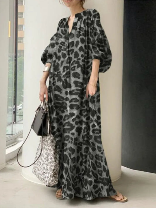 Leopard Print Long Dresses Temperament V-neck Puff Sleeves Loose Dress Style Vestidos Spring New
