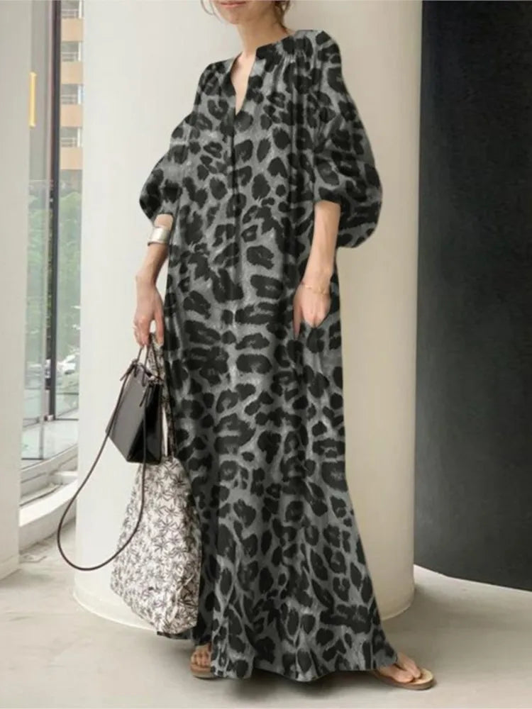 Leopard Print Long Dresses Temperament V-neck Puff Sleeves Loose Dress Style Vestidos Spring New