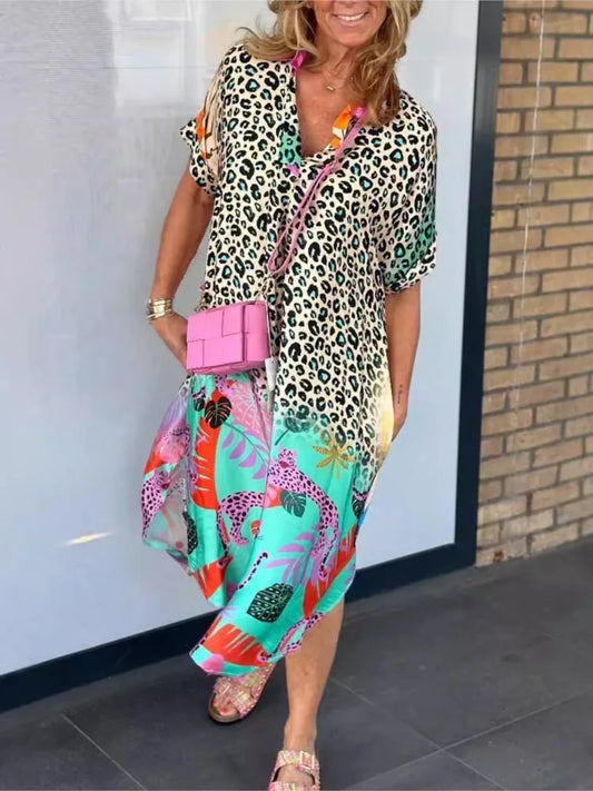 Leopard Print Patchwork Dresses V-neck Short Sleeves Pocket Loose Slit Midi Dress Lady Vestidos Summer New