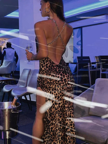 Leopard Chain Strap Side Slit Backless Festival Midi Dresses
