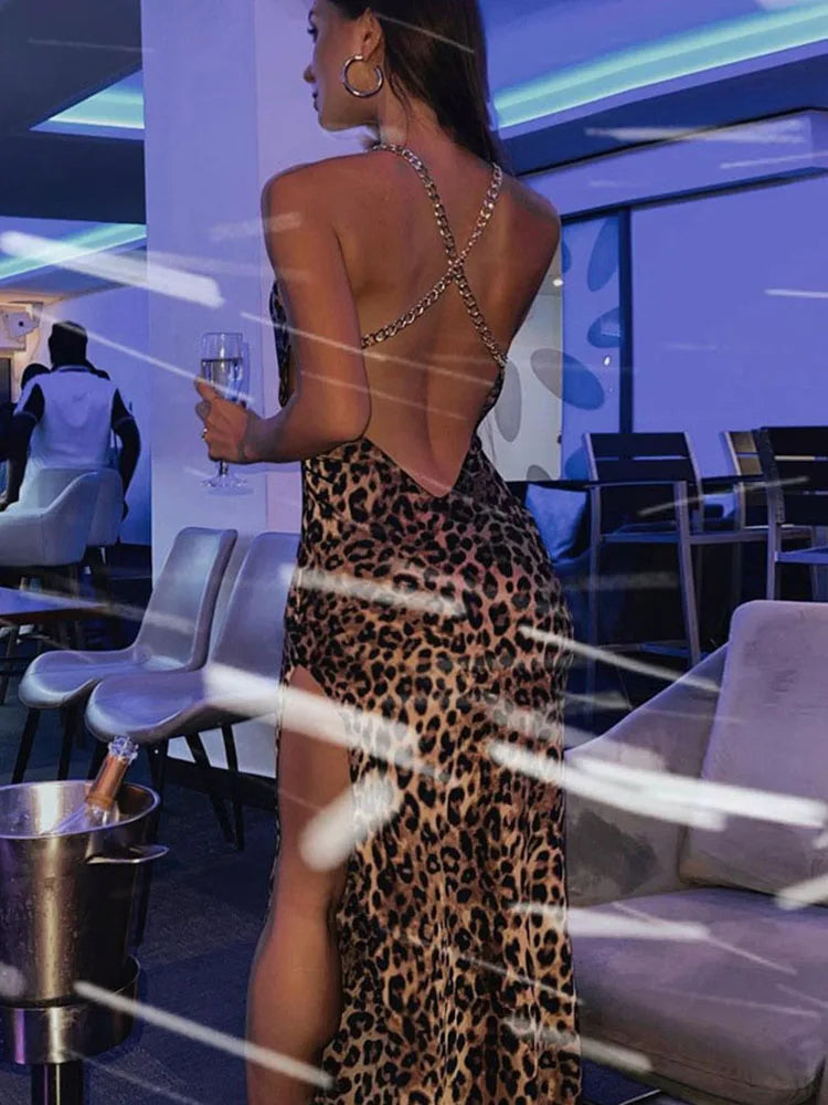 Leopard Chain Strap Side Slit Backless Festival Midi Dresses