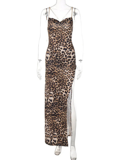 Leopard Chain Strap Side Slit Bodycon Festival Evening Midi Dresses