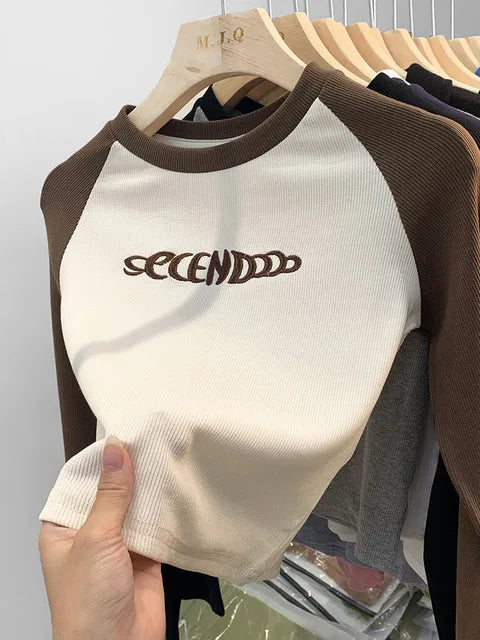 Letter Print T-shirt Spring Long Sleeve Patchwork Tops Retro Contrast Color Crop Top Hot Girl Kpop Skinny Y2k Tees