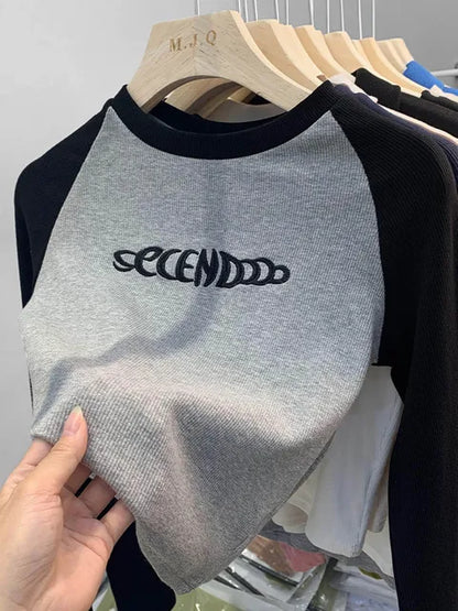 Letter Print T-shirt Spring Long Sleeve Patchwork Tops Retro Contrast Color Crop Top Hot Girl Kpop Skinny Y2k Tees