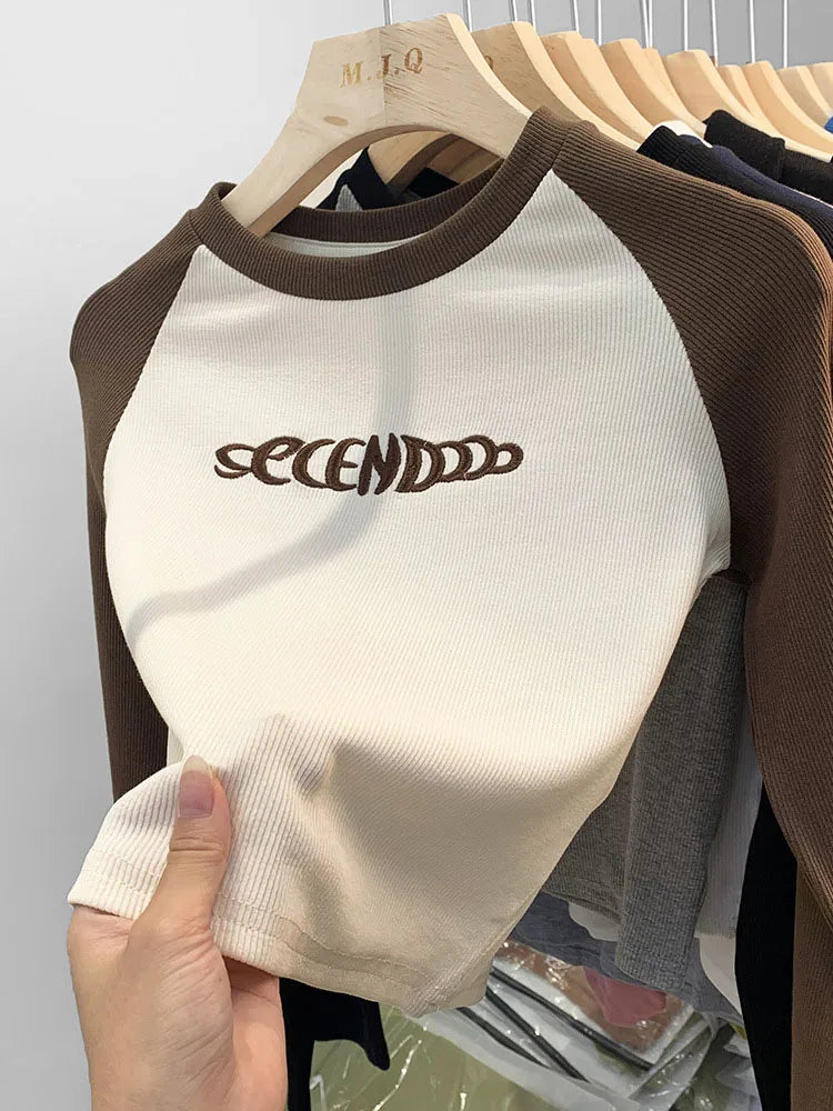 Letter Print T-shirt Spring Long Sleeve Patchwork Tops Retro Contrast Color Crop Top Hot Girl Kpop Skinny Y2k Tees