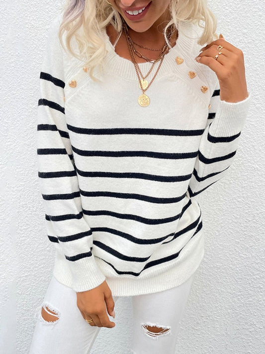 Dressbetty - Striped Button Knitted Pullover Sweater