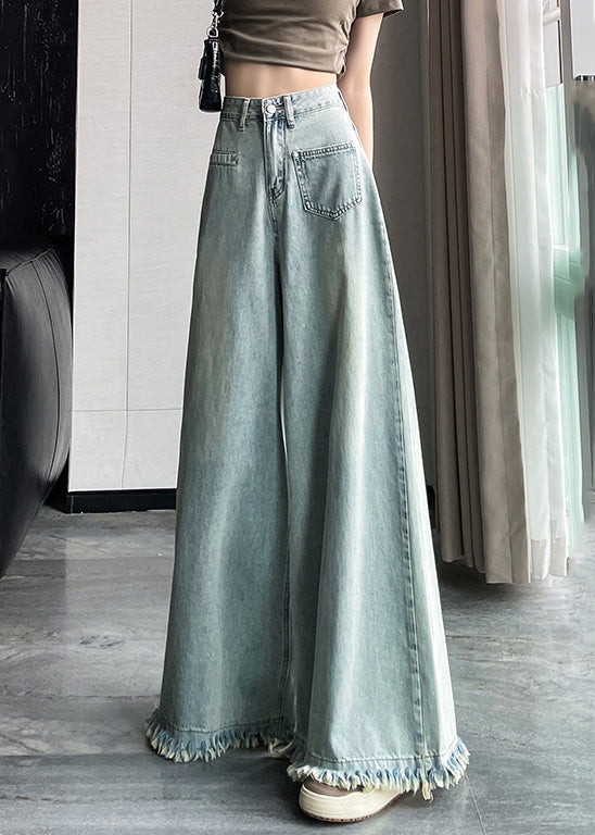 Light Blue Button Denim Wide Leg Pants Tasseled Aw1006