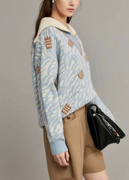 Light Blue Original Design Knit Sweaters Sailor Collar Winter Wk005