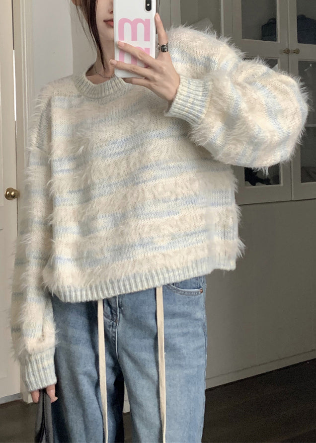 Light Blue Striped Cozy Mink Velvet Sweaters O Neck Spring Yj009