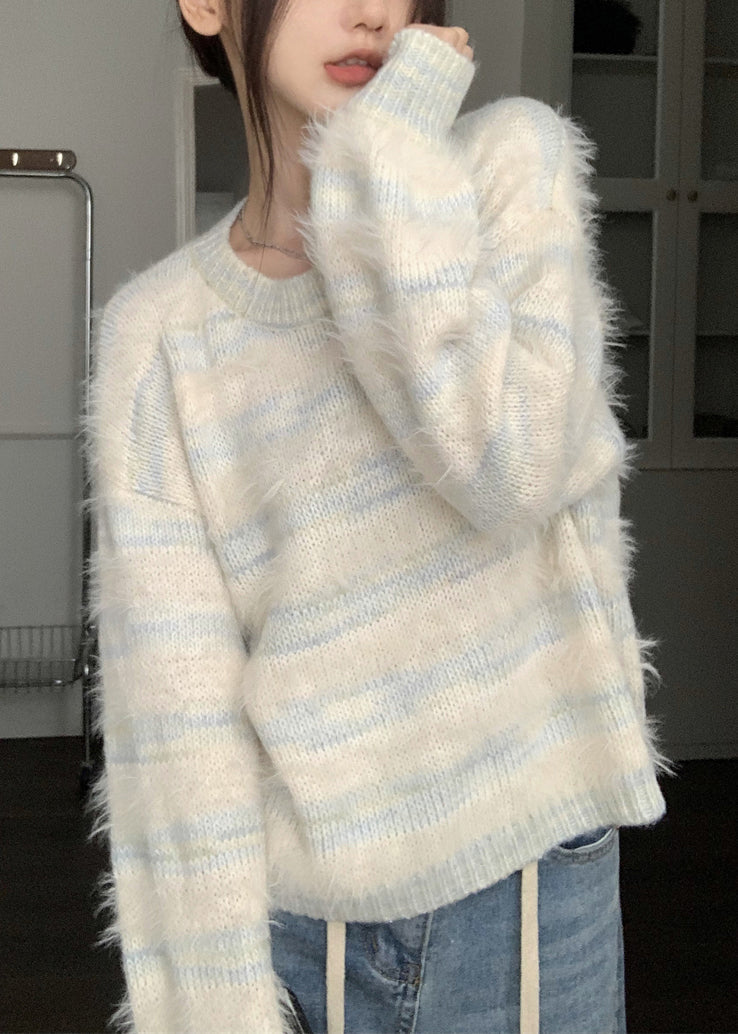 Light Blue Striped Cozy Mink Velvet Sweaters O Neck Spring Yj009