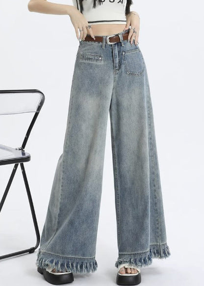 Light Blue Tasseled Pockets Wide Leg Pants Zippered Pp016