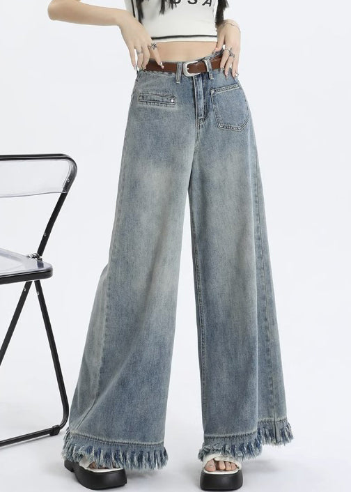 Light Blue Tasseled Pockets Wide Leg Pants Zippered Pp016