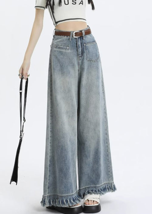 Light Blue Tasseled Pockets Wide Leg Pants Zippered Pp016