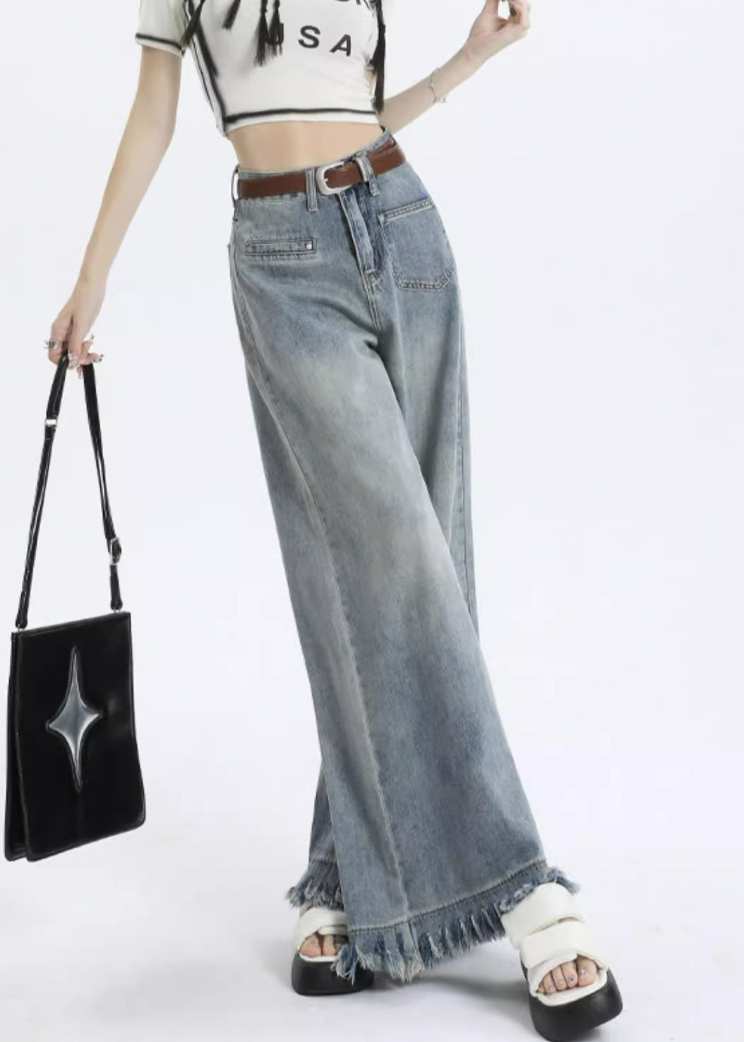 Light Blue Tasseled Pockets Wide Leg Pants Zippered Pp016