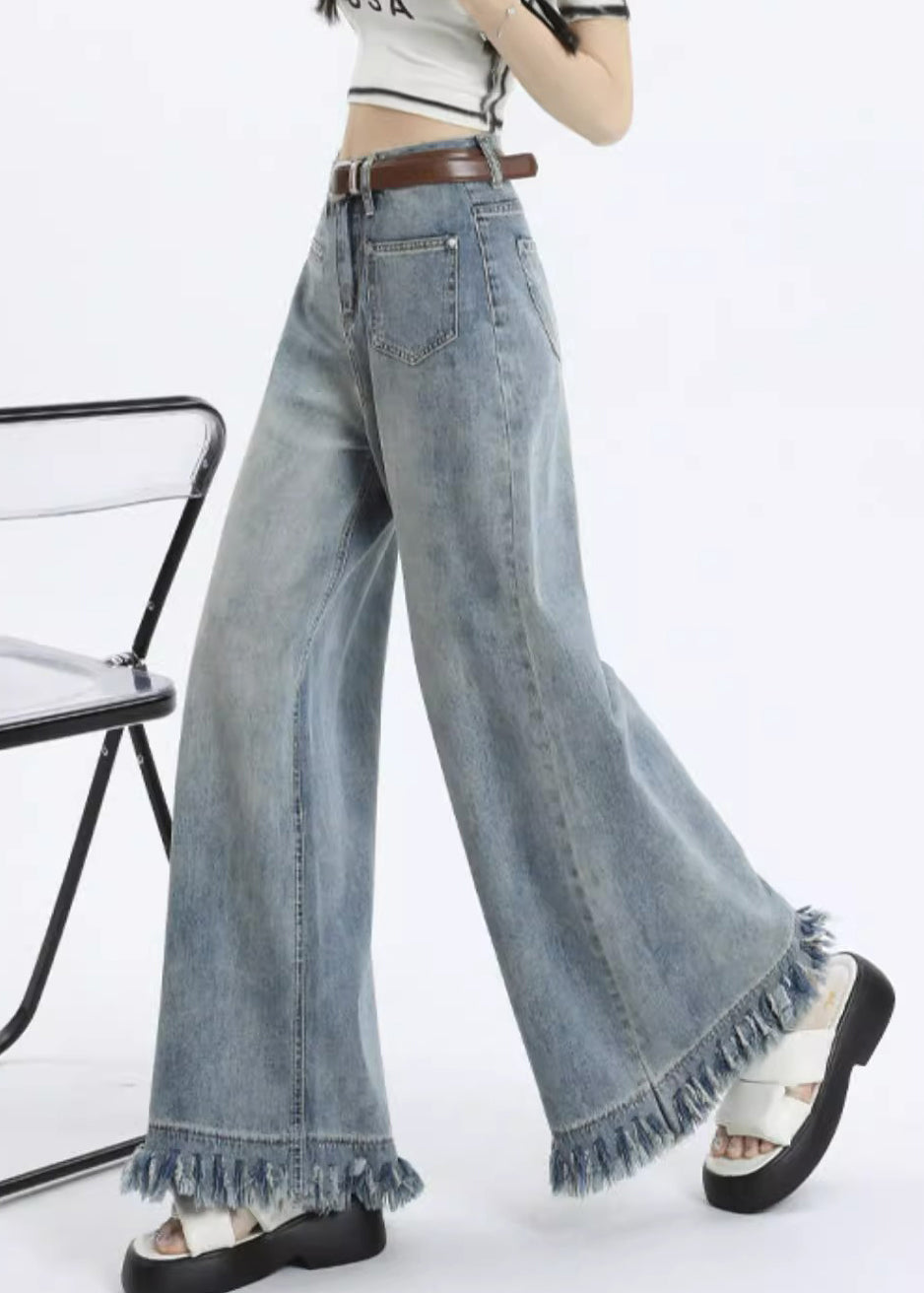 Light Blue Tasseled Pockets Wide Leg Pants Zippered Pp016