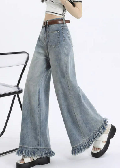 Light Blue Tasseled Pockets Wide Leg Pants Zippered Pp016
