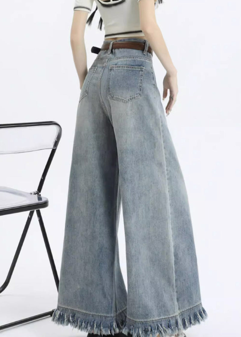 Light Blue Tasseled Pockets Wide Leg Pants Zippered Pp016