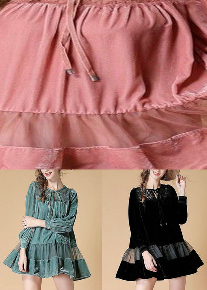Organic Pink O Neck Patchwork Velour Dress Spring Ly0010