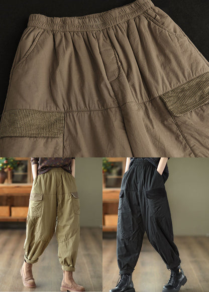 Unique Black Elastic Waist Pockets Fine Cotton Filled Pants Winter Tg1039