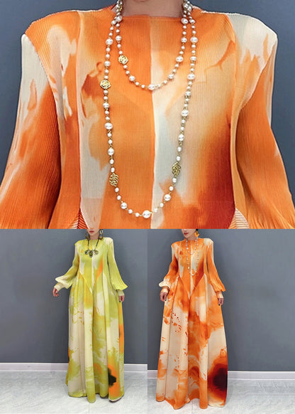 Orange Stand Collar Wrinkled Chiffon Long Dress Spring Uu1060